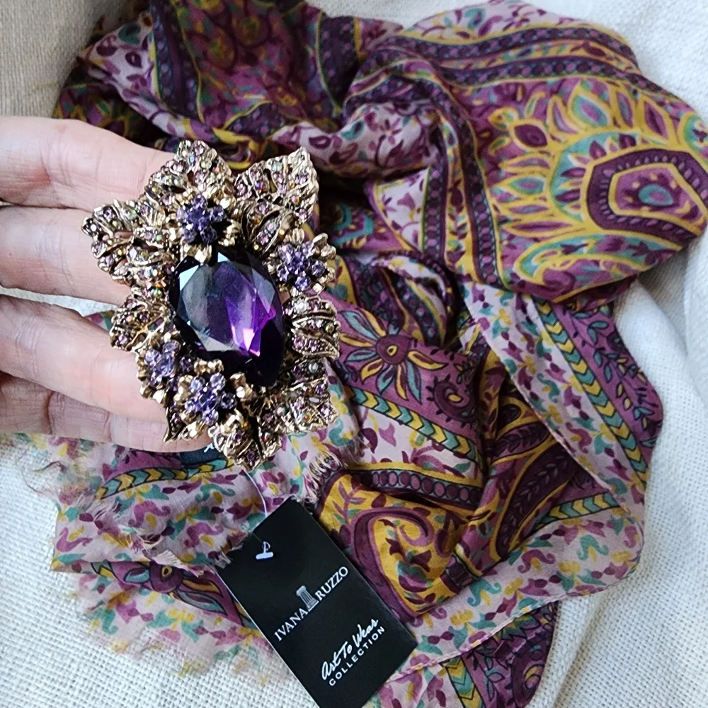 Designer Purple Scarf 100% Soft Silk Paisley Print Violet Gold Brooch